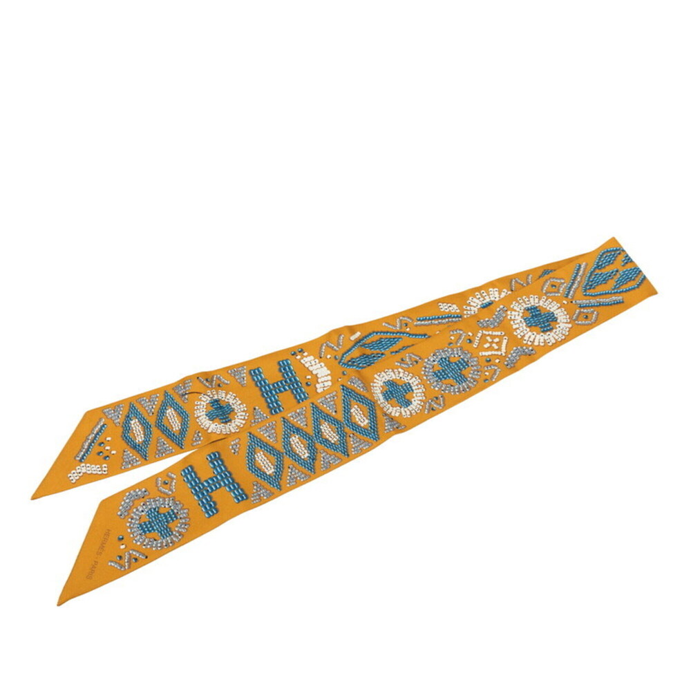 Hermes Twilly Kelly en Perles Scarf/Muffler, Brown/Ochre, Silk, Women's.